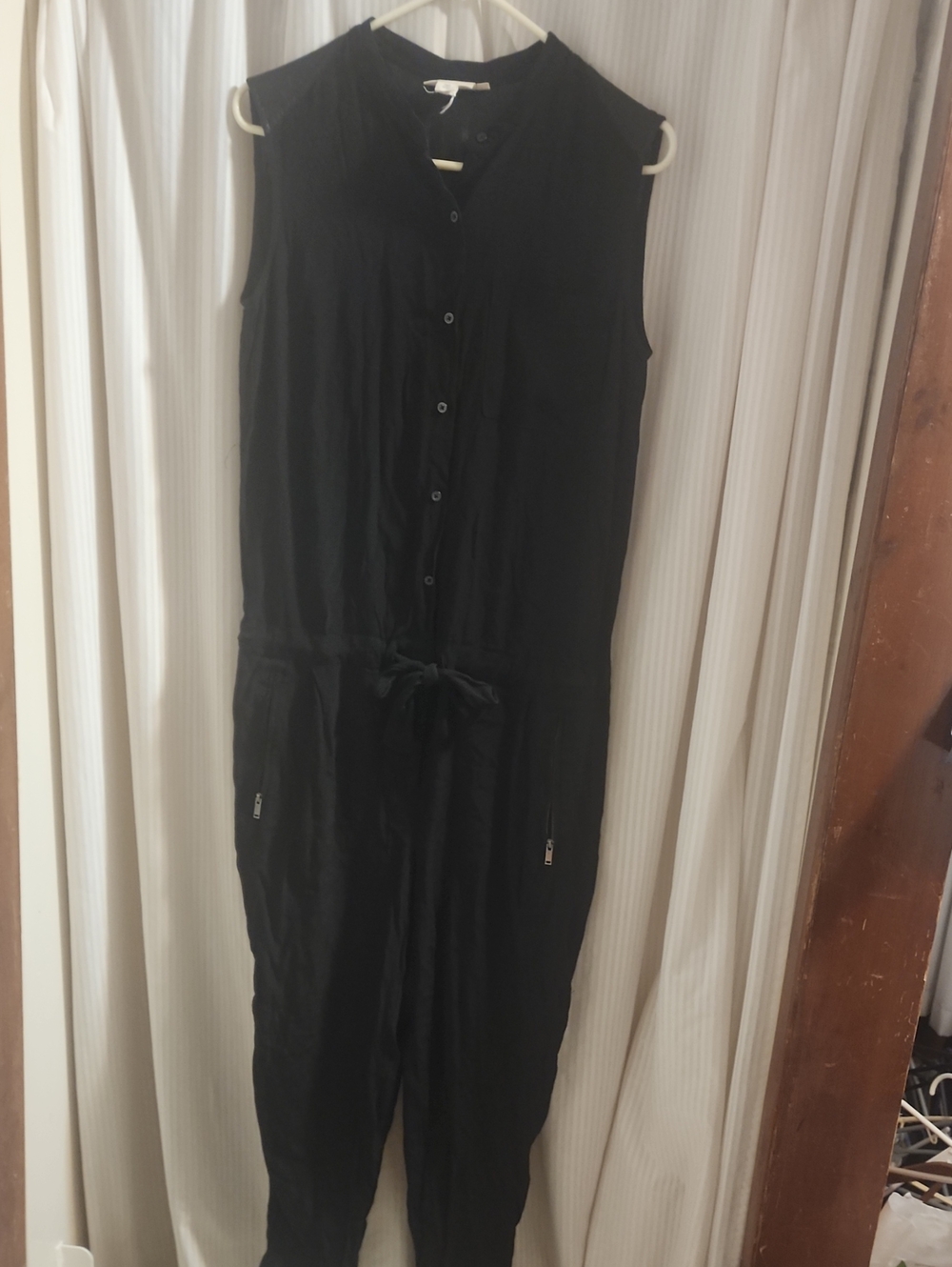 Sleeveless Black Button-Front Jumpsuit with Drawstring Waist
